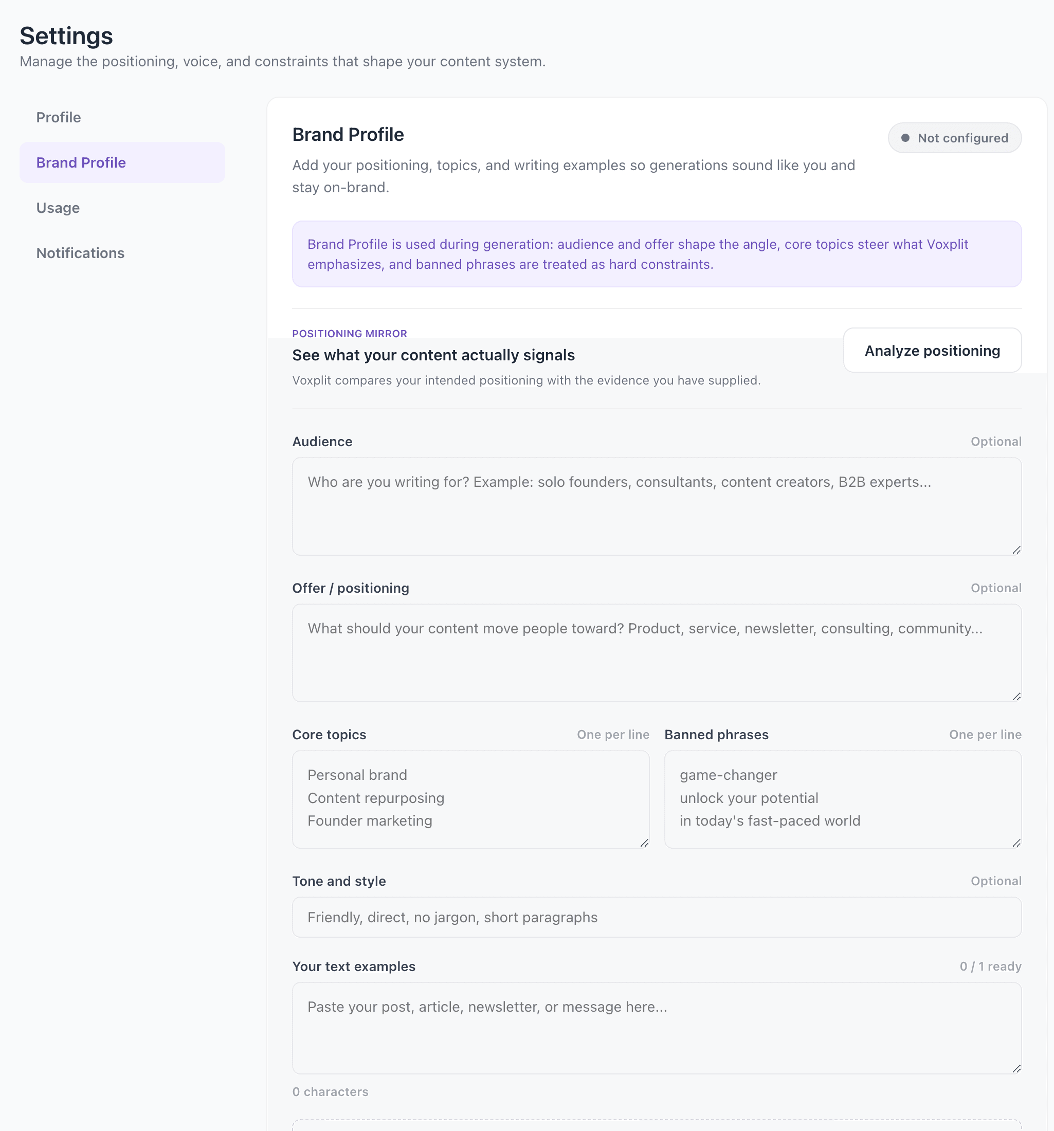 Voxplit Brand Profile and Positioning Mirror settings