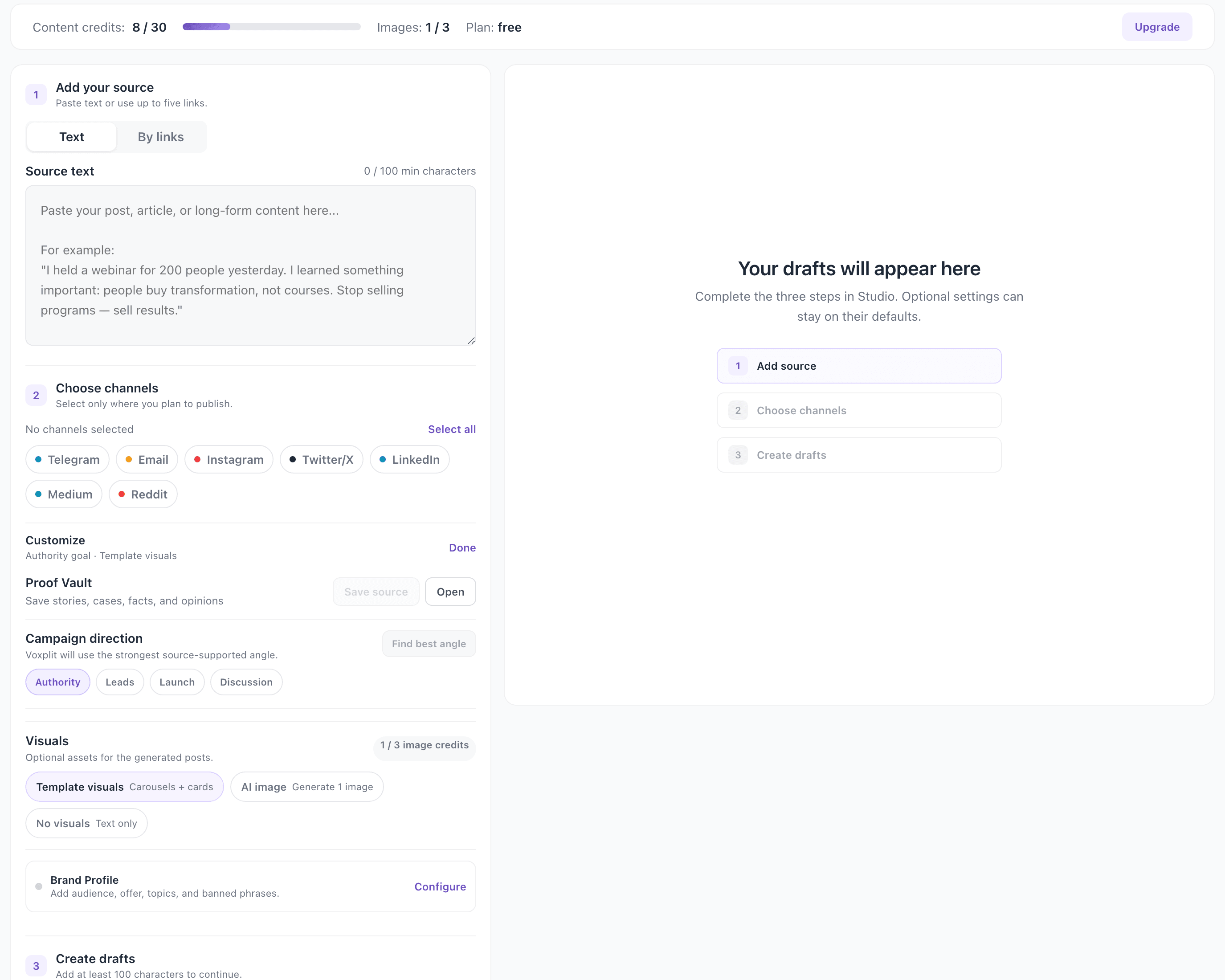 Voxplit Studio with Proof Vault, Campaign Direction, platforms, and visual controls